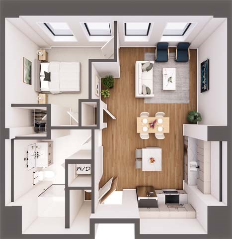 Floor plan for 1 bed, 1 bath, 830 sqft